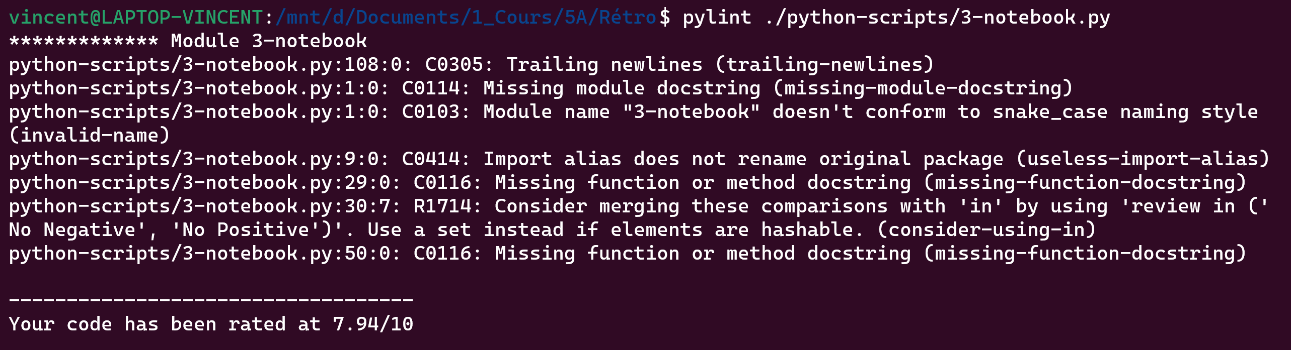 Figure 12: Note projet Microsoft Pylint 3